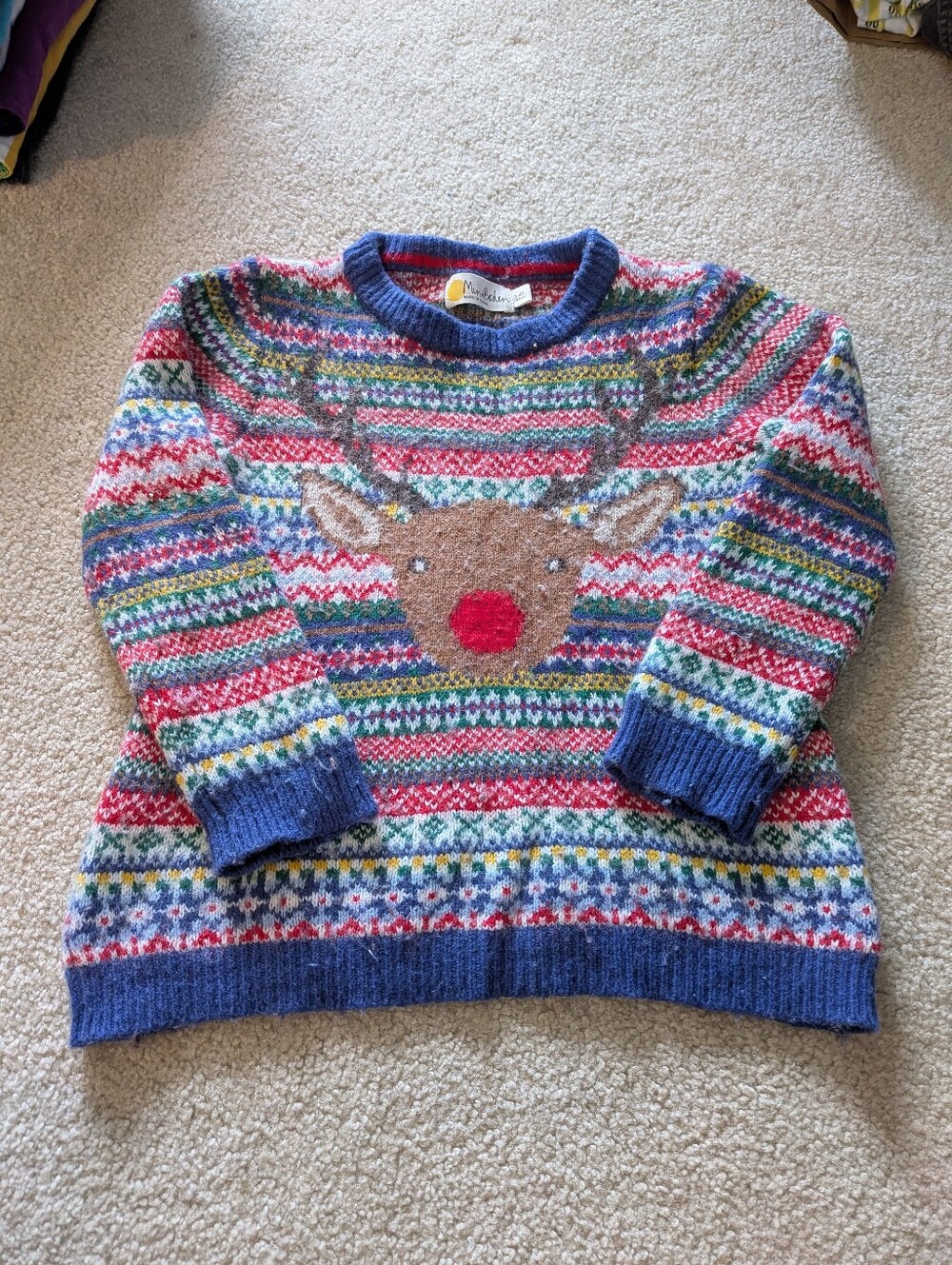Mini Boden Boys Fair Isle Christmas Reindeer Rudolph Sweater Wool 3-4 Years